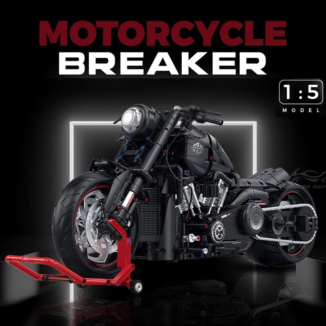 Model motorcycle labeled 'Motorcycle Breaker' with red stand on a dark background