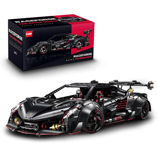 LEGO Raceforce 1/12 scale super sports car building set, showing the assembled black and red racing car with gold mechanical details alongside its retail packaging box on a white background.
