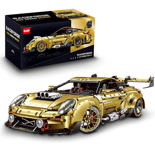 A gold racing car building block set shown with its retail box on a white background. The box is black and gold with the brand name GUY visible in the top left corner.