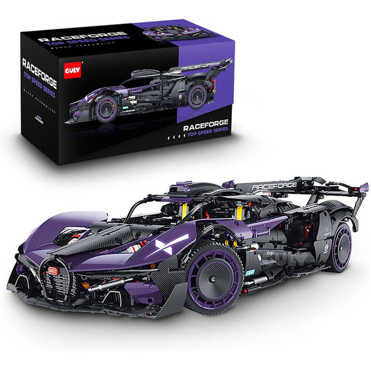 A purple and black toy race car model with exposed mechanical details, shown in front of its branded retail box on a clean white background. The box reads GUYR and RACEFORGE TOP SPEED SERIES.