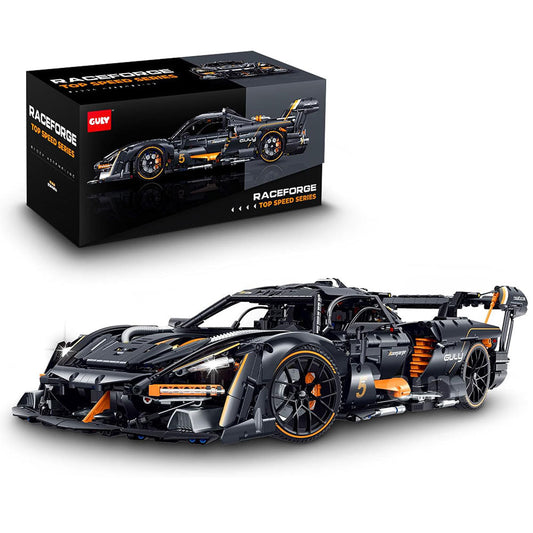 LEGO Raceforce 1202 McLaren MP4-4 Racing Car building set, showing the assembled black and orange toy race car in the foreground and its retail packaging box in the background on a white studio backdrop.